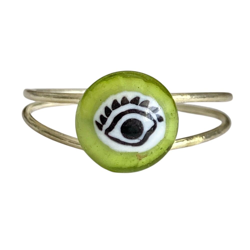Vintage Murano Evil Eye Art Glass Bead Ring Silver Plated Green Size 10 Italian